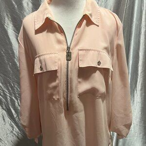 MICHAEL KORS Light Pink Quarter-Zip Roll-Tab Long Sleeve Blouse Top Sz Lg